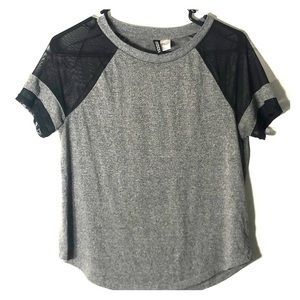 Grey T with black netted paneling